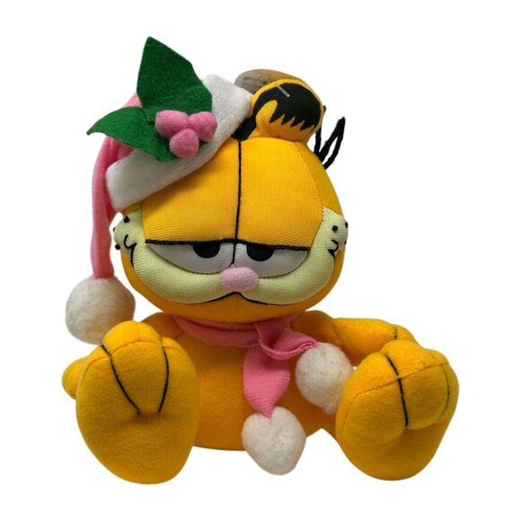 Garfield Pink Christmas Holiday Plush Toy With Santa Hat & Scarf Window Cling - Picture 6 of 16